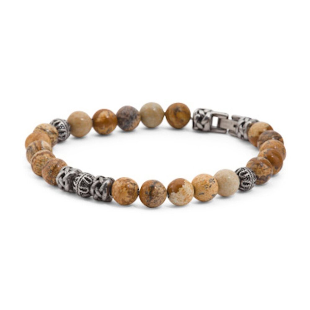 Blackjack Natural Jasper Stone Bead Bracelet Stainless Steel Accents